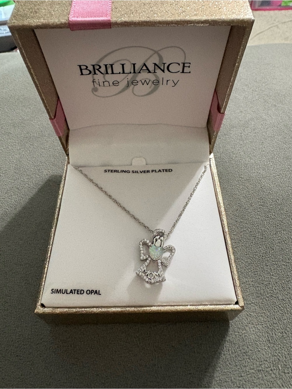 Brilliance Silver Plated Simulated Opal Angel Mom Pendant Necklace NEW
